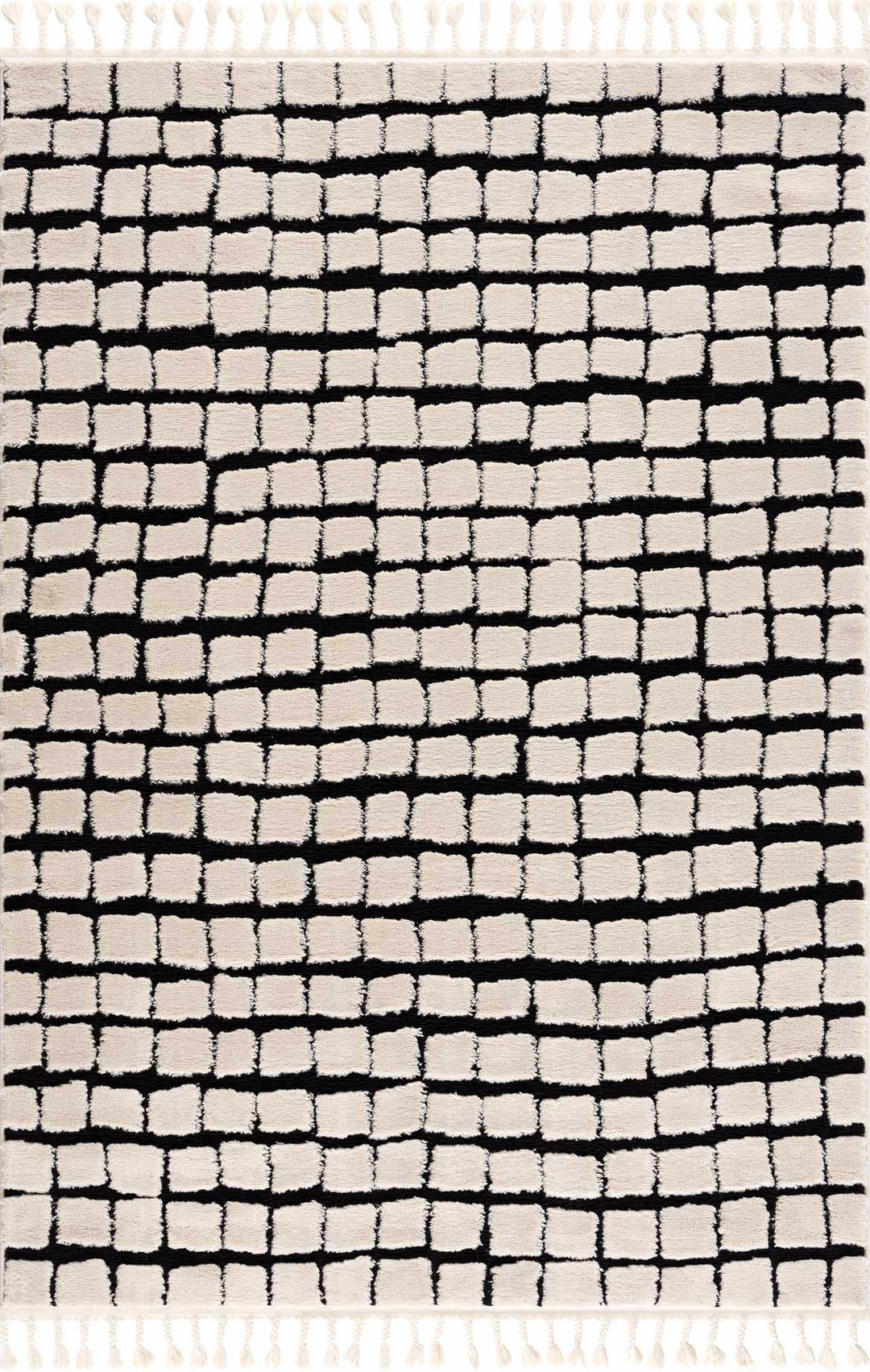 Modern Contemporary Ivory and Black Checked Texture High Pile Machine Woven Area Rug - The Rug Decor