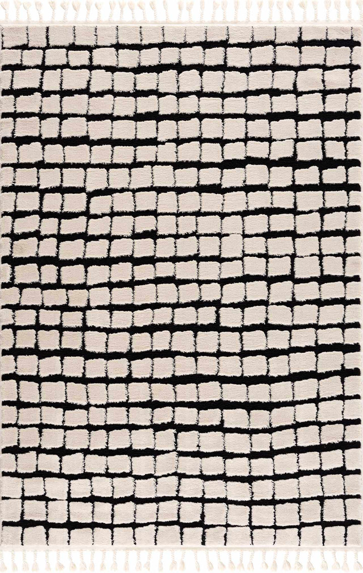 Modern Contemporary Ivory and Black Checked Texture High Pile Machine Woven Area Rug - The Rug Decor