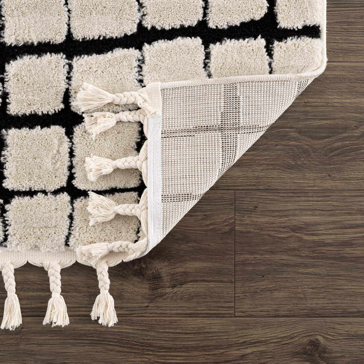 Modern Contemporary Ivory and Black Checked Texture High Pile Machine Woven Area Rug - The Rug Decor