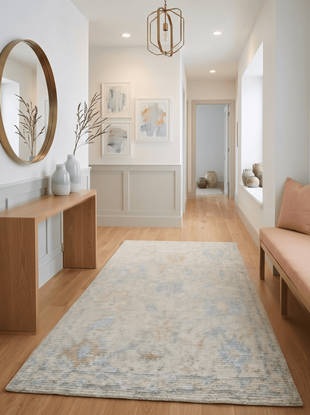 Modern Contemporary Ivory and Blue Hand Knotted Wool Rug - The Rug Decor