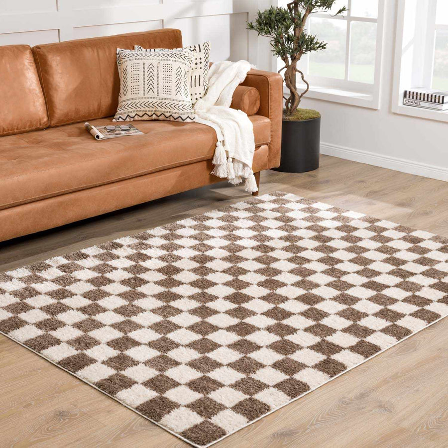 Modern Contemporary Ivory and Brown Checkered Texture Machine Woven Area Rug - The Rug Decor