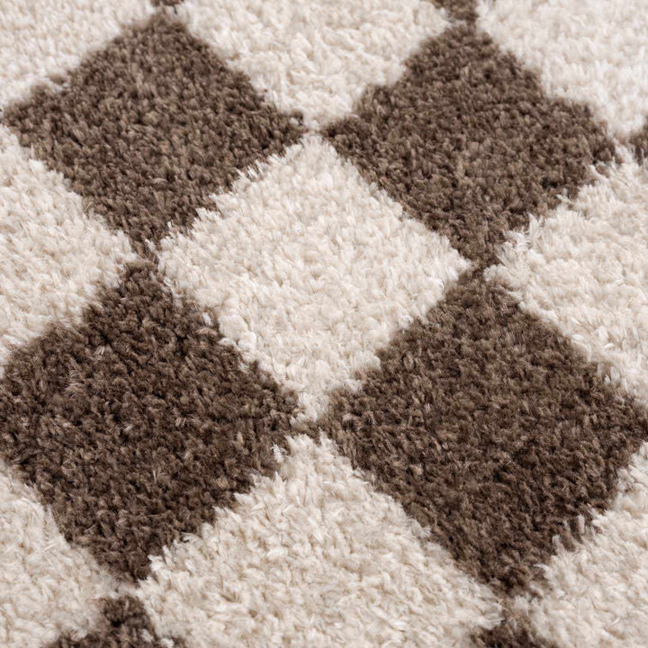 Modern Contemporary Ivory and Brown Checkered Texture Machine Woven Area Rug - The Rug Decor