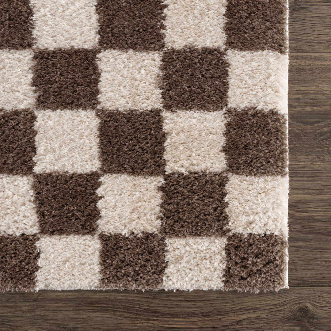 Modern Contemporary Ivory and Brown Checkered Texture Machine Woven Area Rug - The Rug Decor