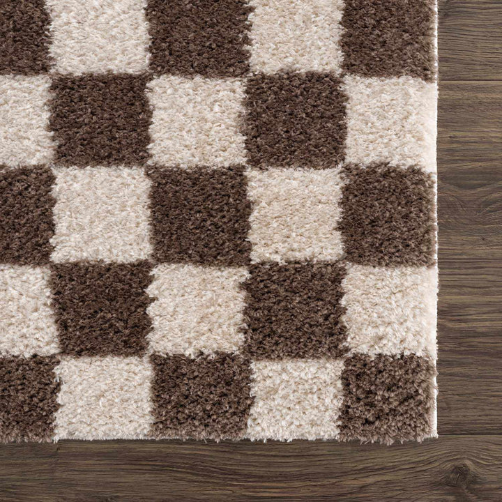 Modern Contemporary Ivory and Brown Checkered Texture Machine Woven Area Rug - The Rug Decor
