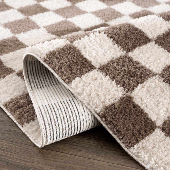 Modern Contemporary Ivory and Brown Checkered Texture Machine Woven Area Rug - The Rug Decor