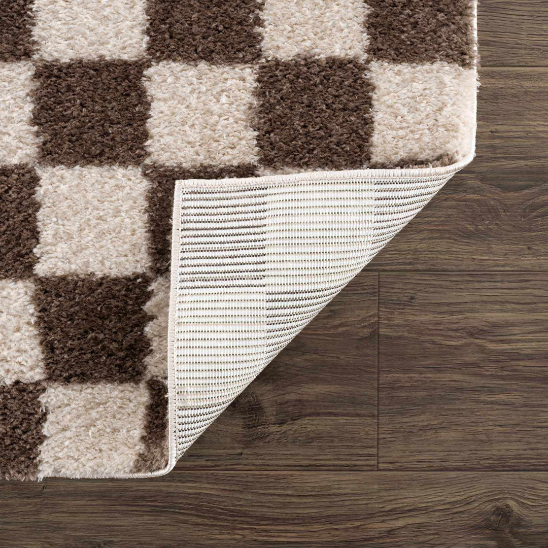 Modern Contemporary Ivory and Brown Checkered Texture Machine Woven Area Rug - The Rug Decor