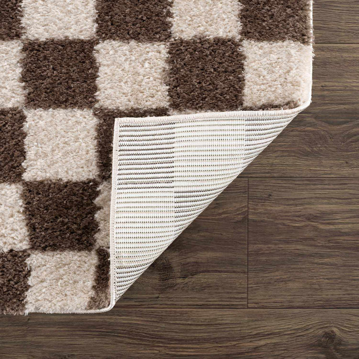 Modern Contemporary Ivory and Brown Checkered Texture Machine Woven Area Rug - The Rug Decor