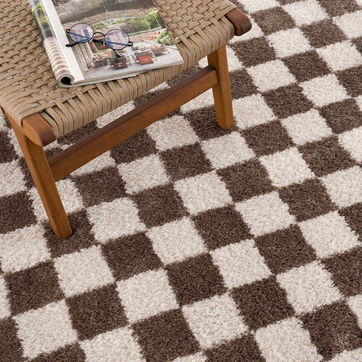 Modern Contemporary Ivory and Brown Checkered Texture Machine Woven Area Rug - The Rug Decor