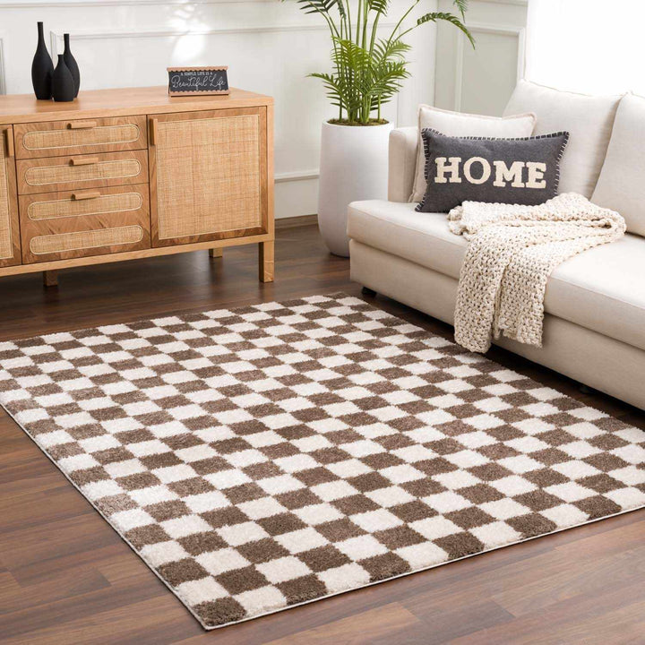 Modern Contemporary Ivory and Brown Checkered Texture Machine Woven Area Rug - The Rug Decor