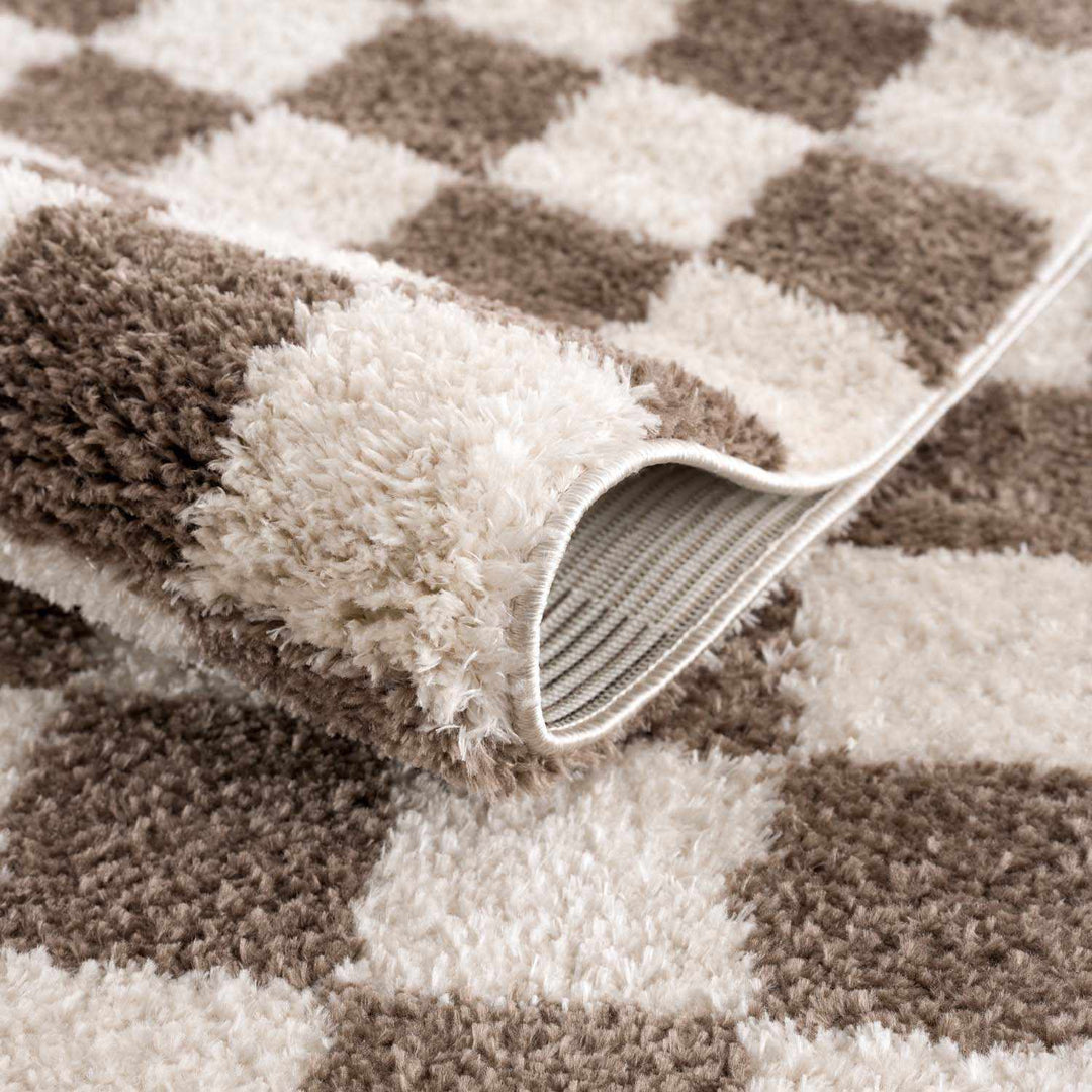Modern Contemporary Ivory and Brown Checkered Texture Machine Woven Area Rug - The Rug Decor