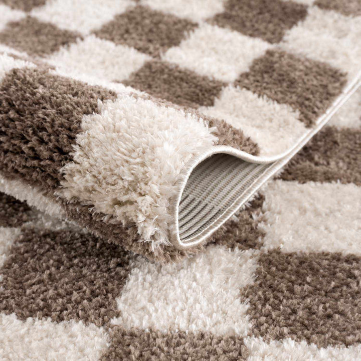 Modern Contemporary Ivory and Brown Checkered Texture Machine Woven Area Rug - The Rug Decor