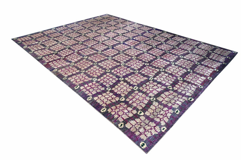 Modern Design Purple, Charcoal and Silver Hand Knotted 10x13 Recycled Silk Area Rug - The Rug Decor