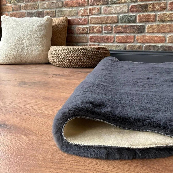 Modern Faux Rabbit Charcoal Machine Washable Silk Rug - The Rug Decor