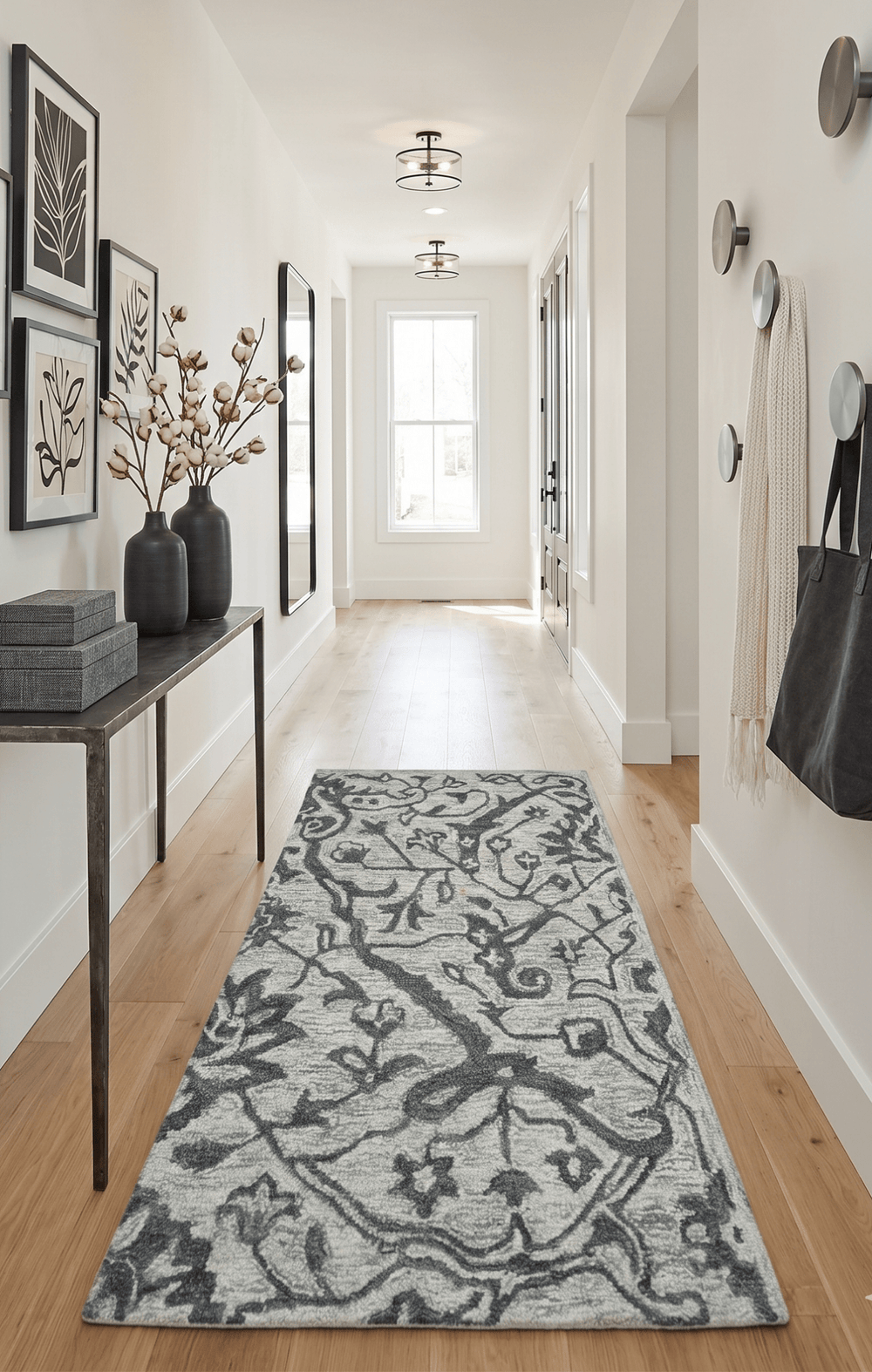 Modern Floral Ivory and Charcoal Hand Woven Area Wool Rug - The Rug Decor
