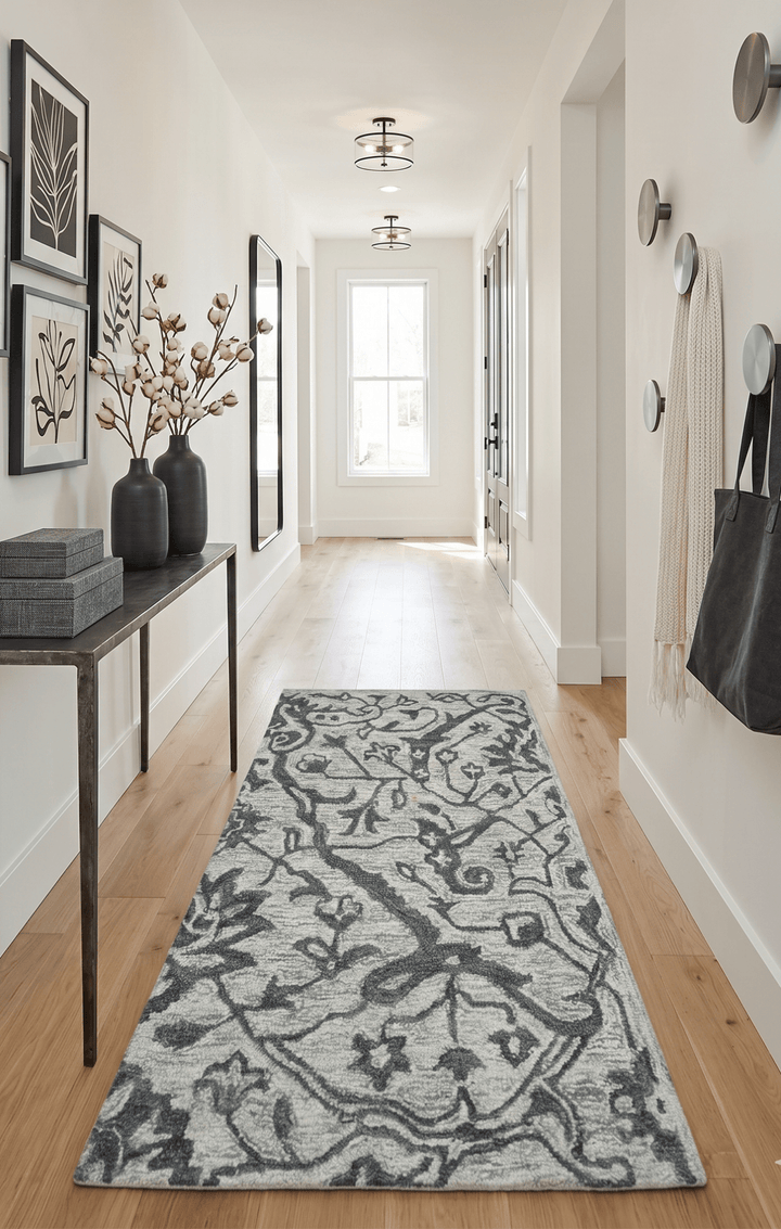 Modern Floral Ivory and Charcoal Hand Woven Area Wool Rug - The Rug Decor