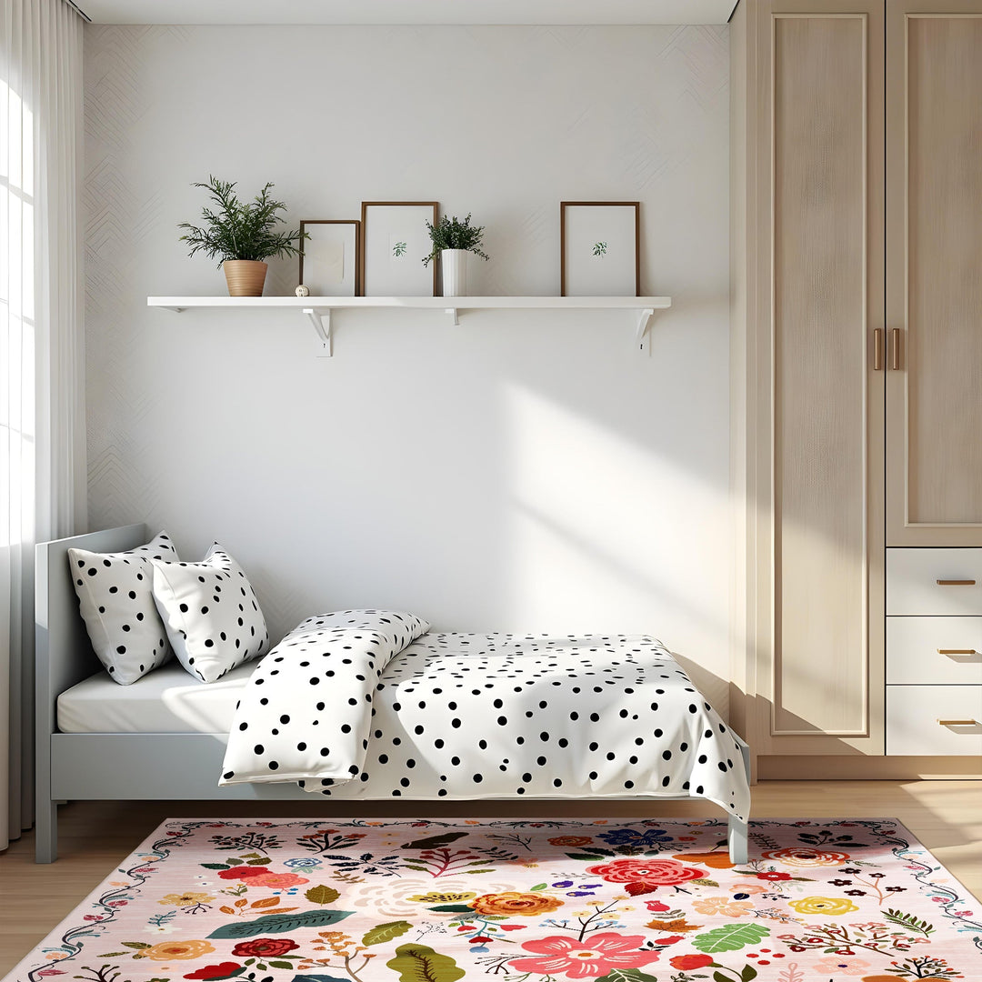 Modern Floral Peach Machine Washable Cotton Area Rug - The Rug Decor