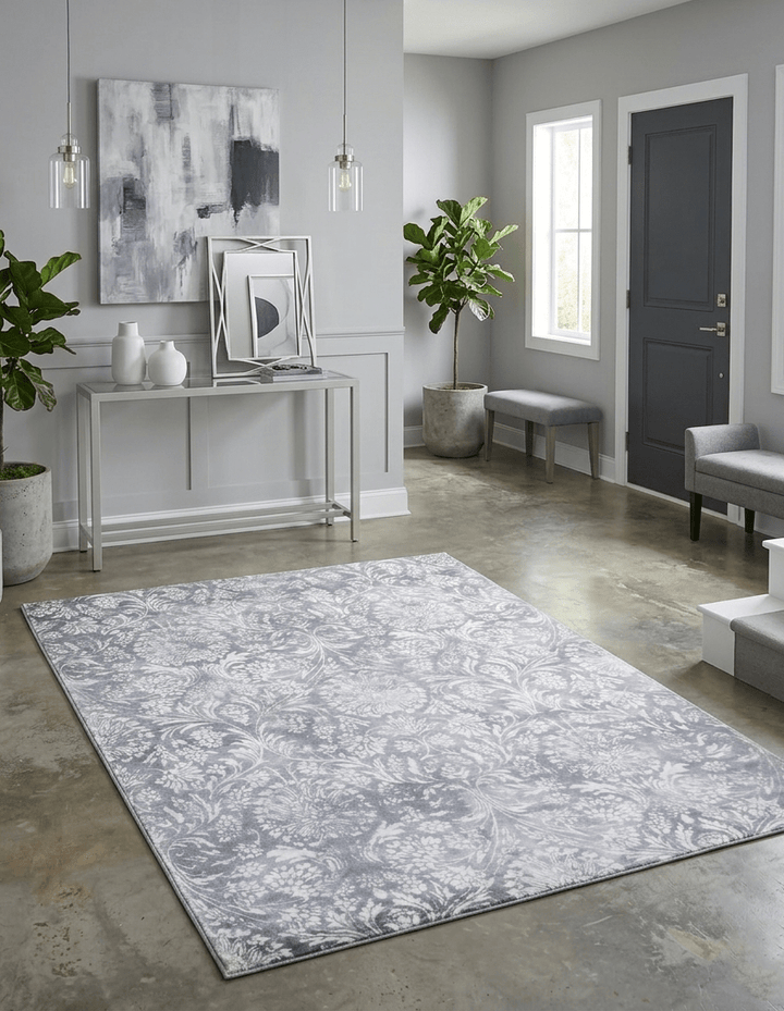 Modern Floral Silver And Ivory Hand Loom Viscose 5x8 Area Rug - The Rug Decor