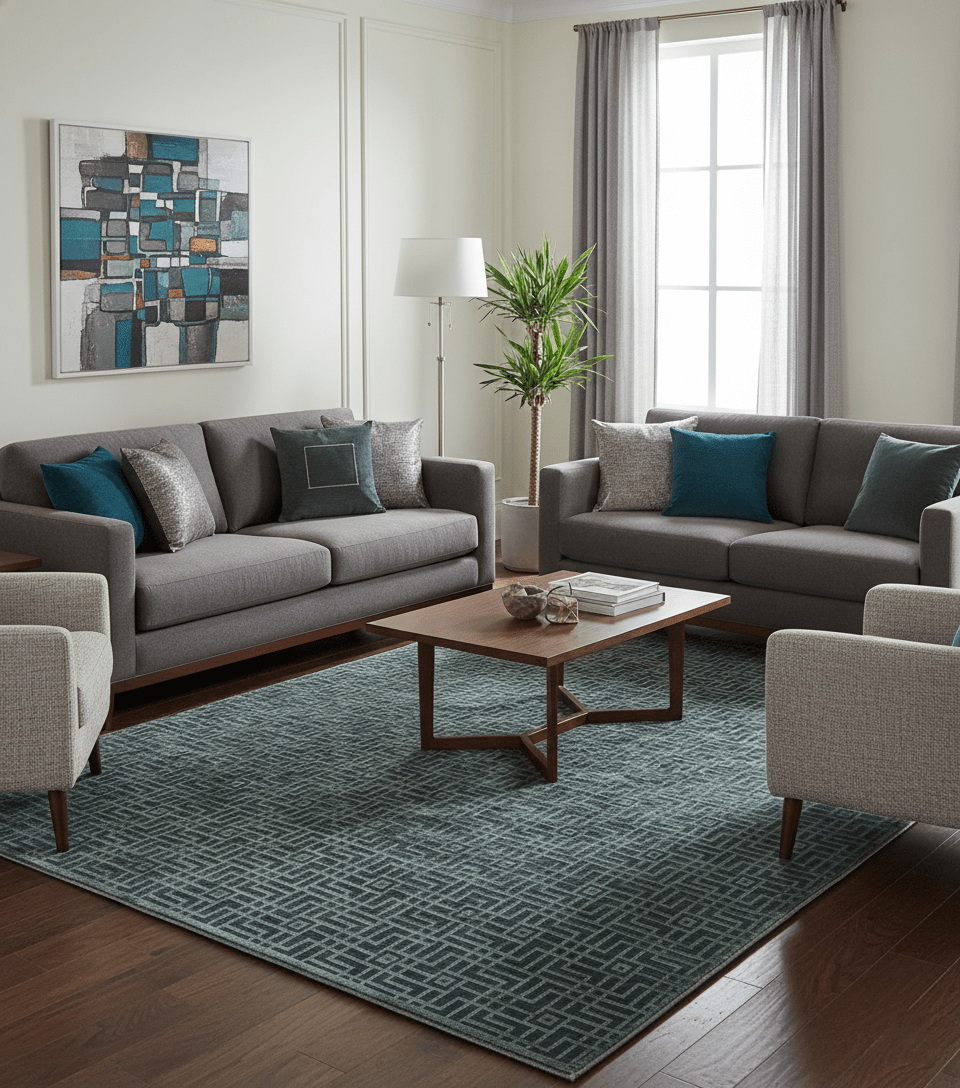 Modern Geometric Design Dark Teal And Silver 8x10 Hand Knotted Wool And Art Silk Rug - The Rug Decor