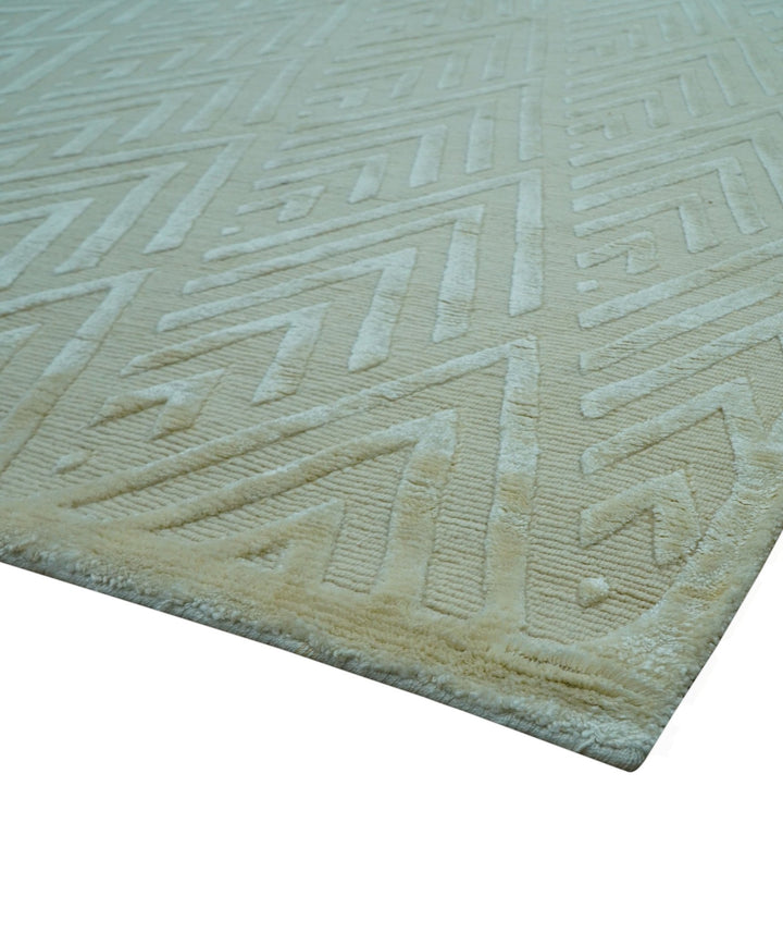 Modern Geometric Pattern Ivory And Beige Hand Knotted 9x12 Area Rug - The Rug Decor