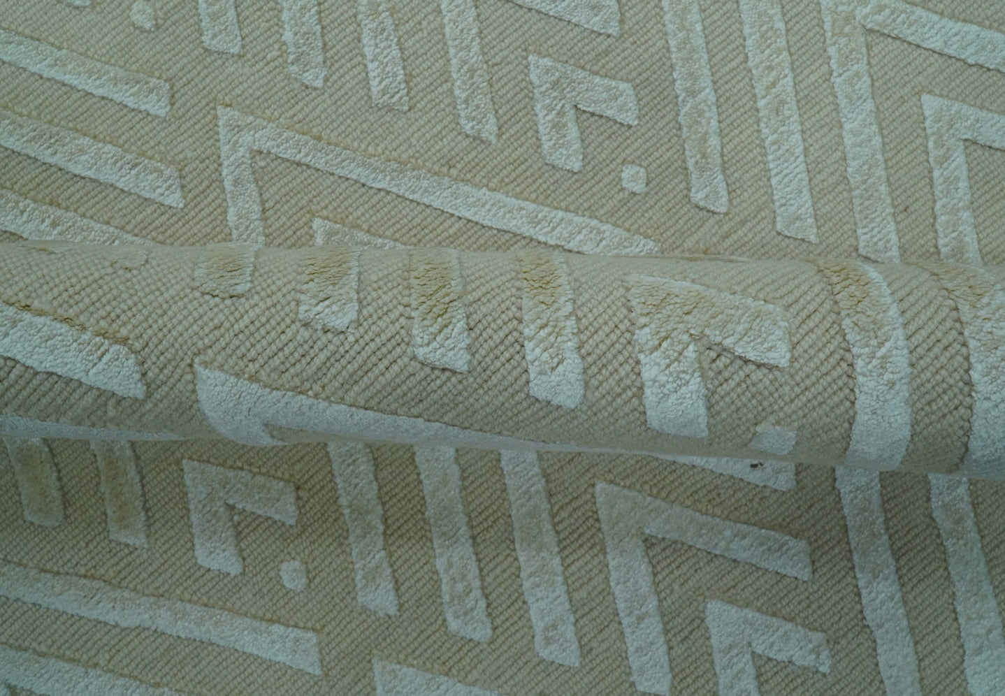 Modern Geometric Pattern Ivory And Beige Hand Knotted 9x12 Area Rug - The Rug Decor