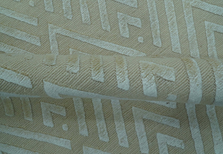 Modern Geometric Pattern Ivory And Beige Hand Knotted 9x12 Area Rug - The Rug Decor