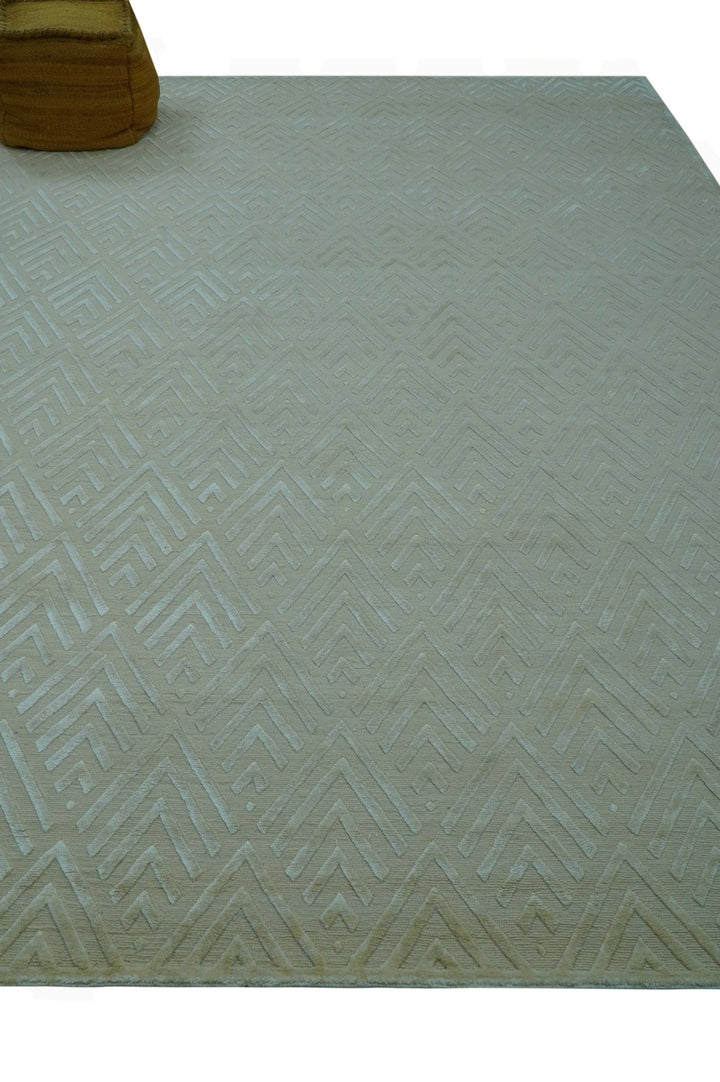 Modern Geometric Pattern Ivory And Beige Hand Knotted 9x12 Area Rug - The Rug Decor
