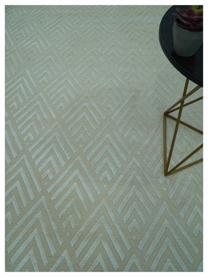Modern Geometric Pattern Ivory And Beige Hand Knotted 9x12 Area Rug - The Rug Decor