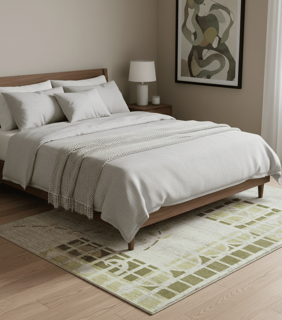 Modern Geometrical 4.6x6.6 Olive, Ivory and Charcoal Floral Hand Knotted Wool and Silk Area Rug - The Rug Decor