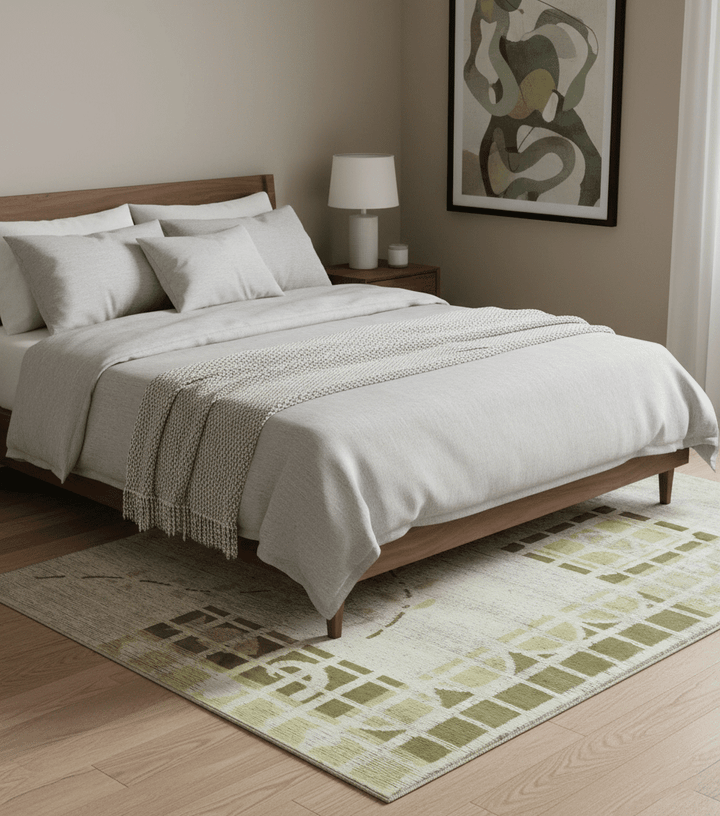 Modern Geometrical 4.6x6.6 Olive, Ivory and Charcoal Floral Hand Knotted Wool and Silk Area Rug - The Rug Decor