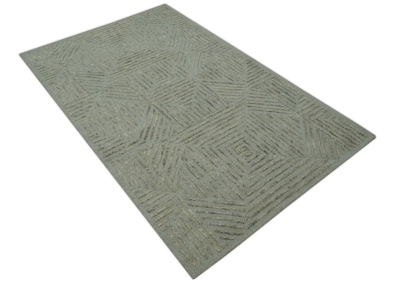 Modern Geometrical 5x8 Gray and Olive Stripes Carved Texture Hand tufted wool rug - The Rug Decor