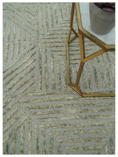 Modern Geometrical 5x8 Gray and Olive Stripes Carved Texture Hand tufted wool rug - The Rug Decor