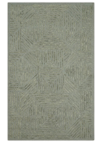 Modern Geometrical 5x8 Gray and Olive Stripes Carved Texture Hand tufted wool rug - The Rug Decor