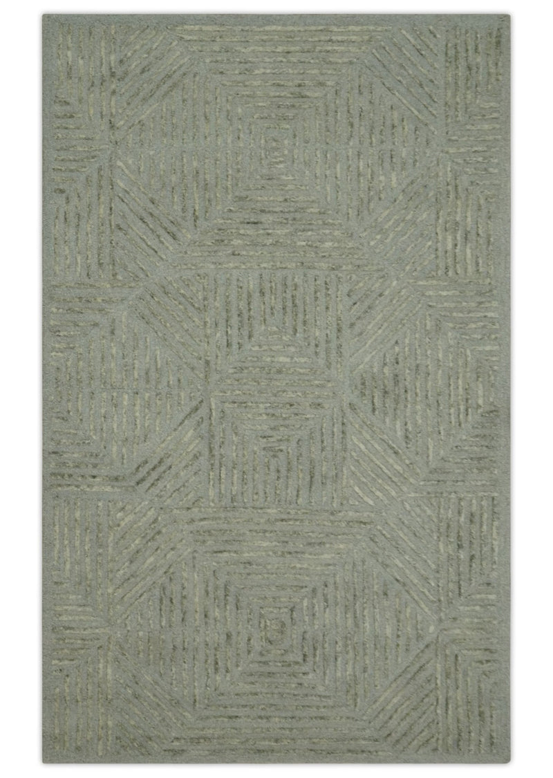 Modern Geometrical 5x8 Gray and Olive Stripes Carved Texture Hand tufted wool rug - The Rug Decor