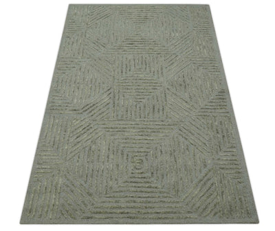 Modern Geometrical 5x8 Gray and Olive Stripes Carved Texture Hand tufted wool rug - The Rug Decor