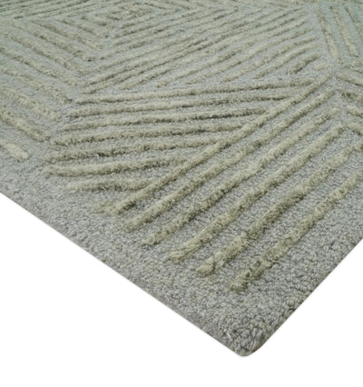 Modern Geometrical 5x8 Gray and Olive Stripes Carved Texture Hand tufted wool rug - The Rug Decor