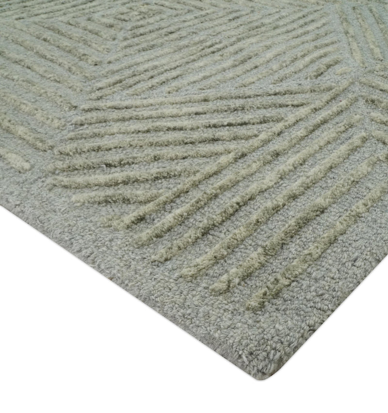 Modern Geometrical 5x8 Gray and Olive Stripes Carved Texture Hand tufted wool rug - The Rug Decor