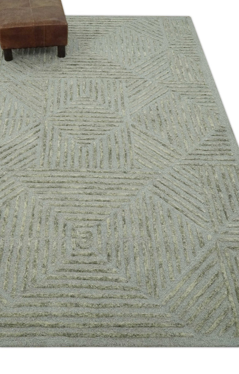 Modern Geometrical 5x8 Gray and Olive Stripes Carved Texture Hand tufted wool rug - The Rug Decor