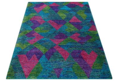 Modern Geometrical 6x8 Blue, Purple, Violet and Green Hand Knotted wool area rug - The Rug Decor