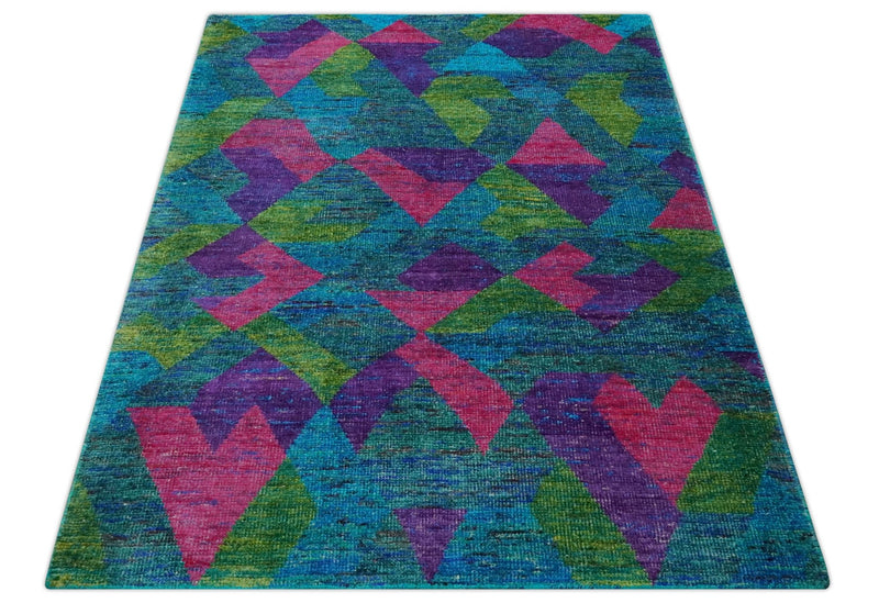 Modern Geometrical 6x8 Blue, Purple, Violet and Green Hand Knotted wool area rug - The Rug Decor