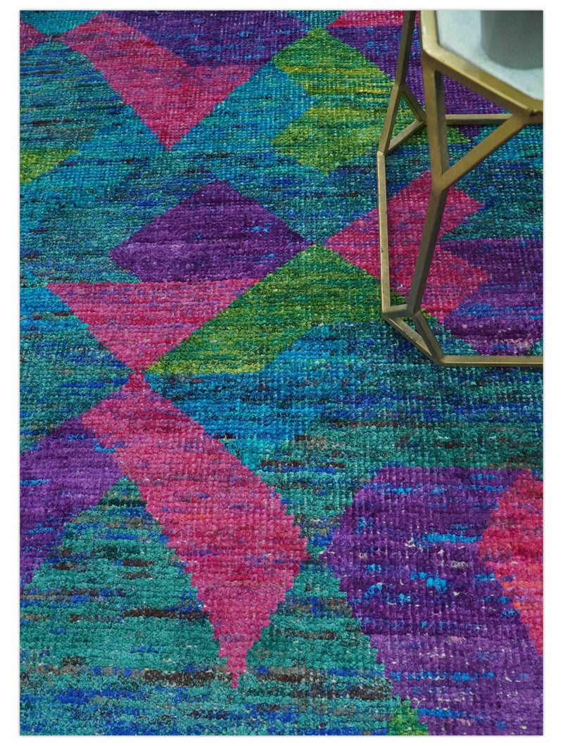 Modern Geometrical 6x8 Blue, Purple, Violet and Green Hand Knotted wool area rug - The Rug Decor