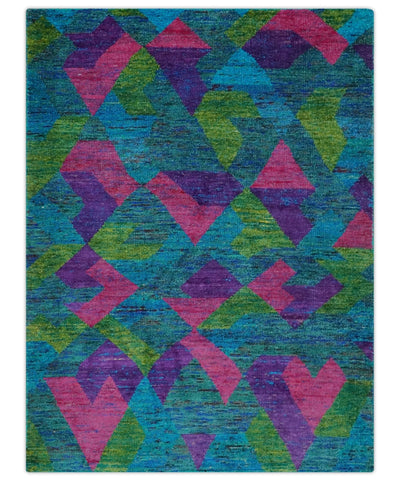 Modern Geometrical 6x8 Blue, Purple, Violet and Green Hand Knotted wool area rug - The Rug Decor