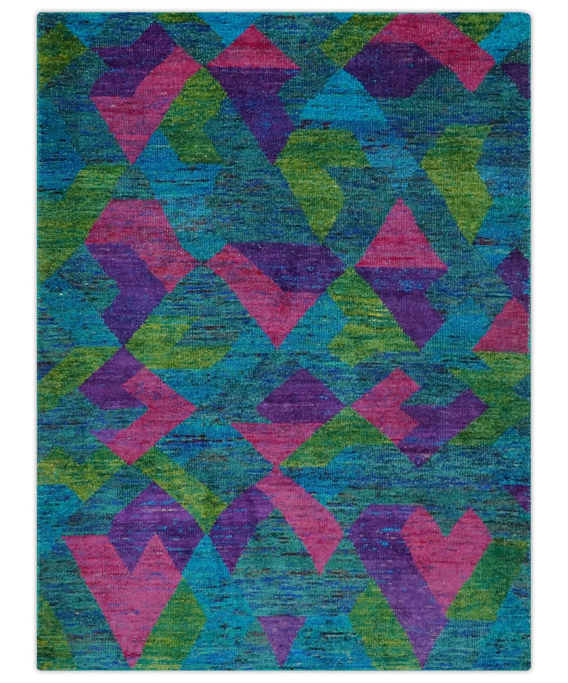 Modern Geometrical 6x8 Blue, Purple, Violet and Green Hand Knotted wool area rug - The Rug Decor