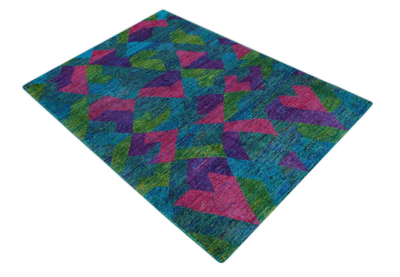 Modern Geometrical 6x8 Blue, Purple, Violet and Green Hand Knotted wool area rug - The Rug Decor