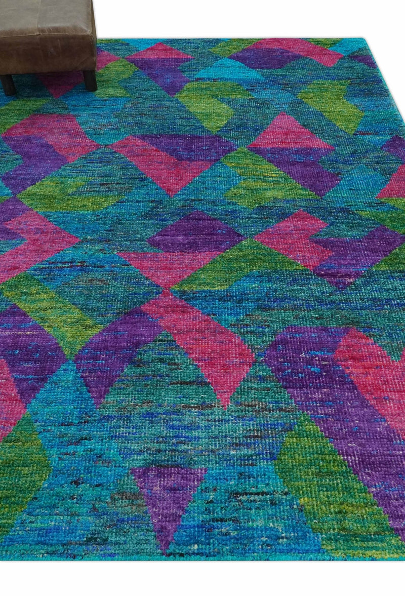 Modern Geometrical 6x8 Blue, Purple, Violet and Green Hand Knotted wool area rug - The Rug Decor