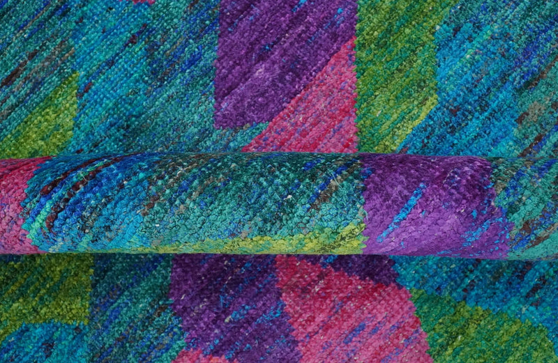 Modern Geometrical 6x8 Blue, Purple, Violet and Green Hand Knotted wool area rug - The Rug Decor