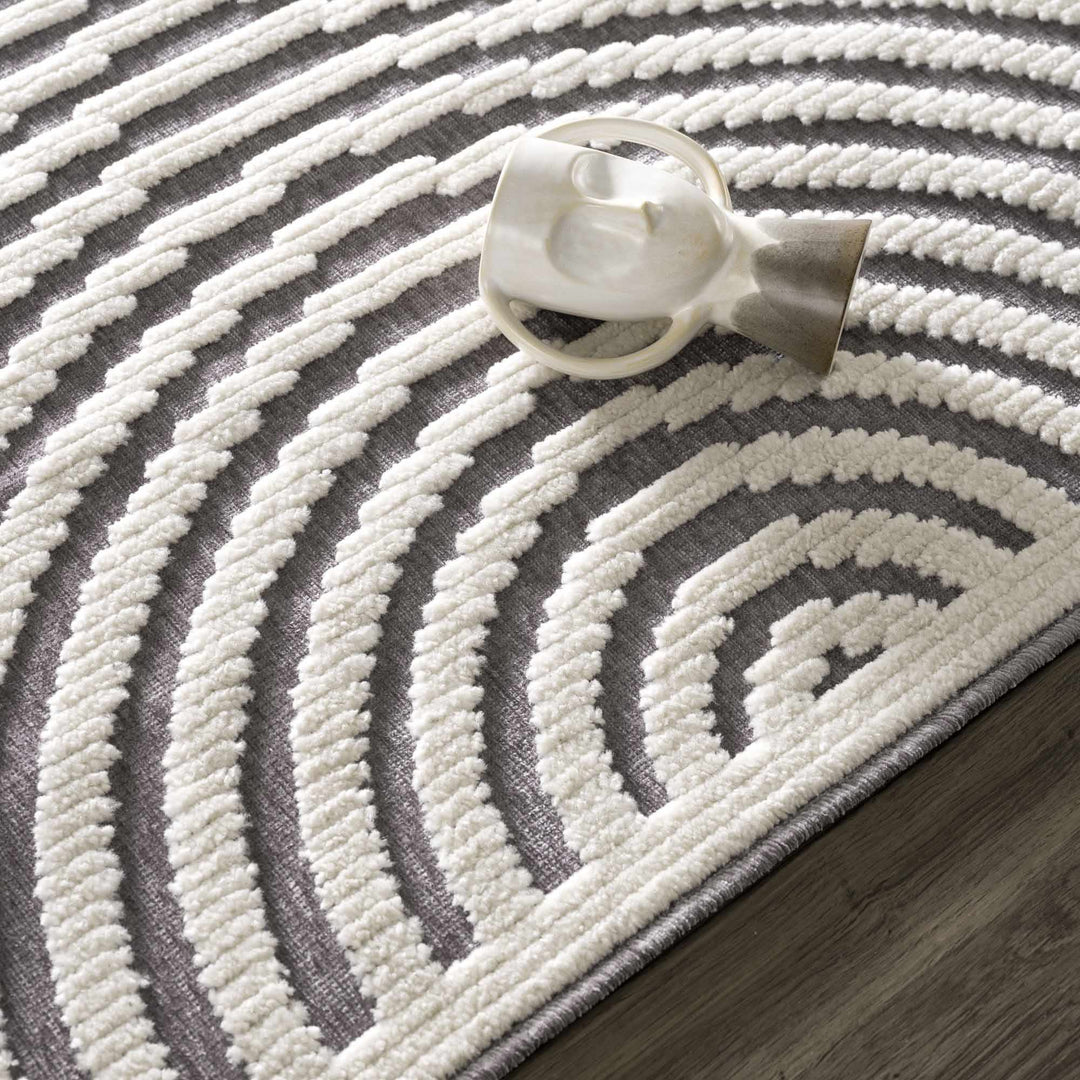 Modern Geometrical Arc Texture Ivory and Purple Washable Area Rug - The Rug Decor