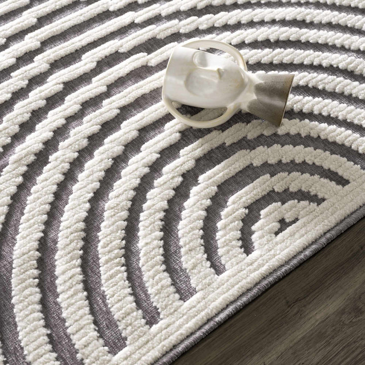 Modern Geometrical Arc Texture Ivory and Purple Washable Area Rug - The Rug Decor