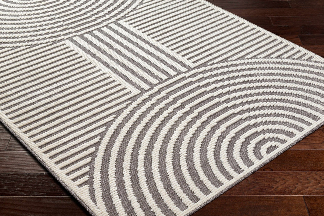Modern Geometrical Arc Texture Ivory and Purple Washable Area Rug - The Rug Decor
