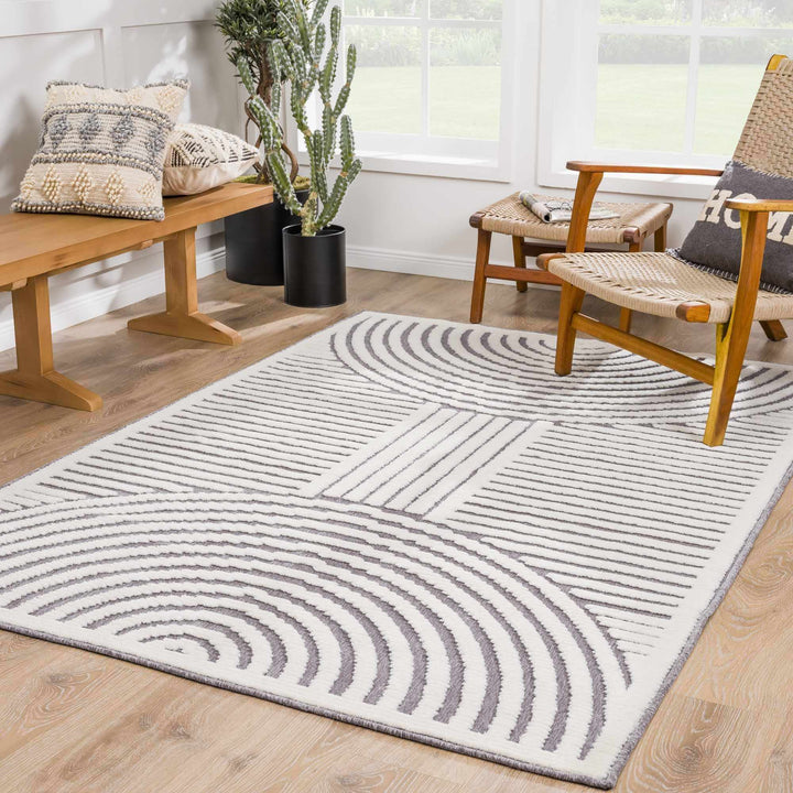 Modern Geometrical Arc Texture Ivory and Purple Washable Area Rug - The Rug Decor