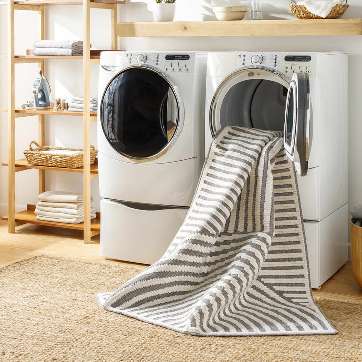 Modern Geometrical Arc Texture Ivory and Purple Washable Area Rug - The Rug Decor